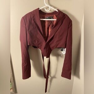 ASOS Design Skinny V Hem Supercrop Belted Suit Jacket Burgundy Size 40